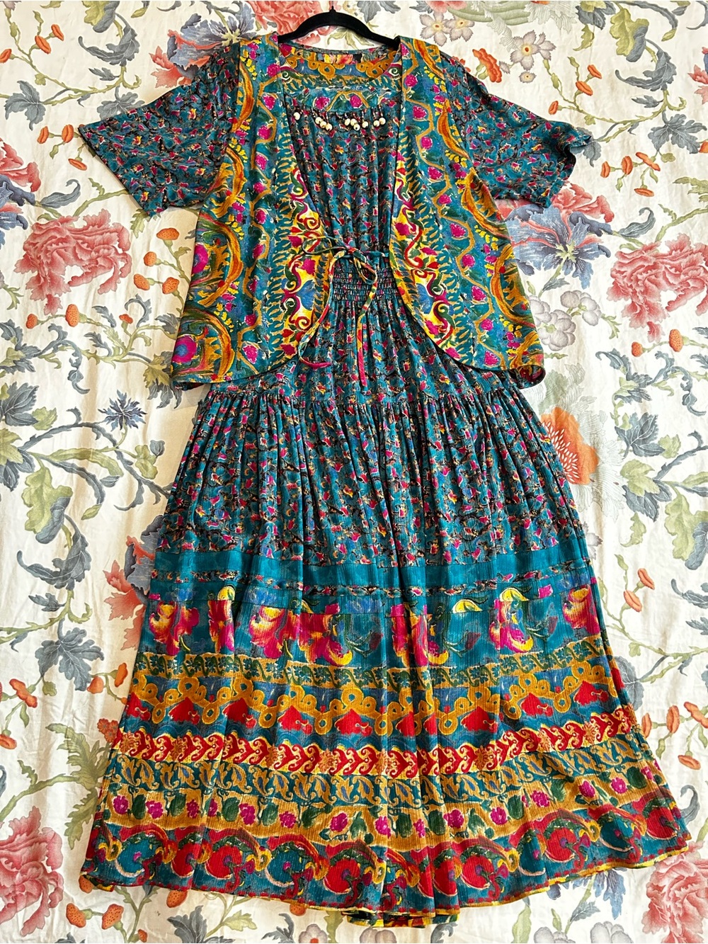 Vintage Carole Little Long Dress w Tiered Skirt, Vest & Bead Details